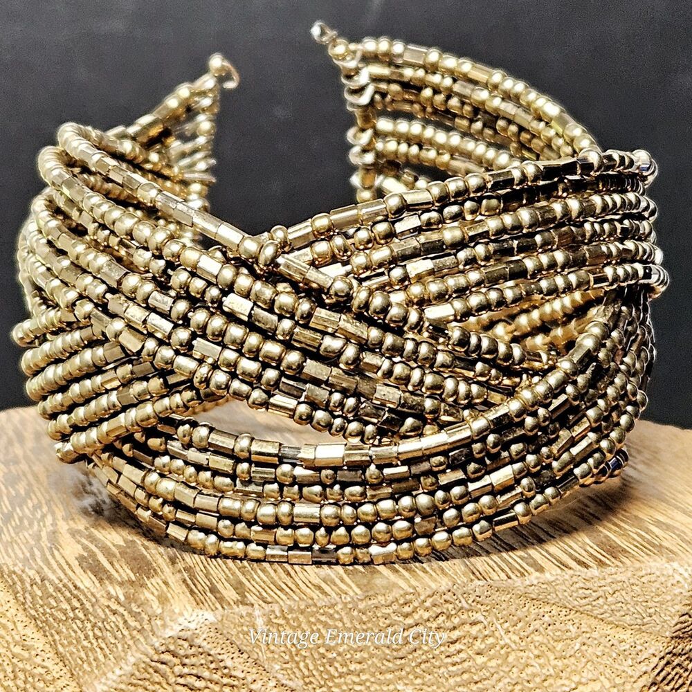 Vtg Metallic Bronze Gold Y2K 90s Striped Pretzel Memory Wire Cuff Bead Bracelet